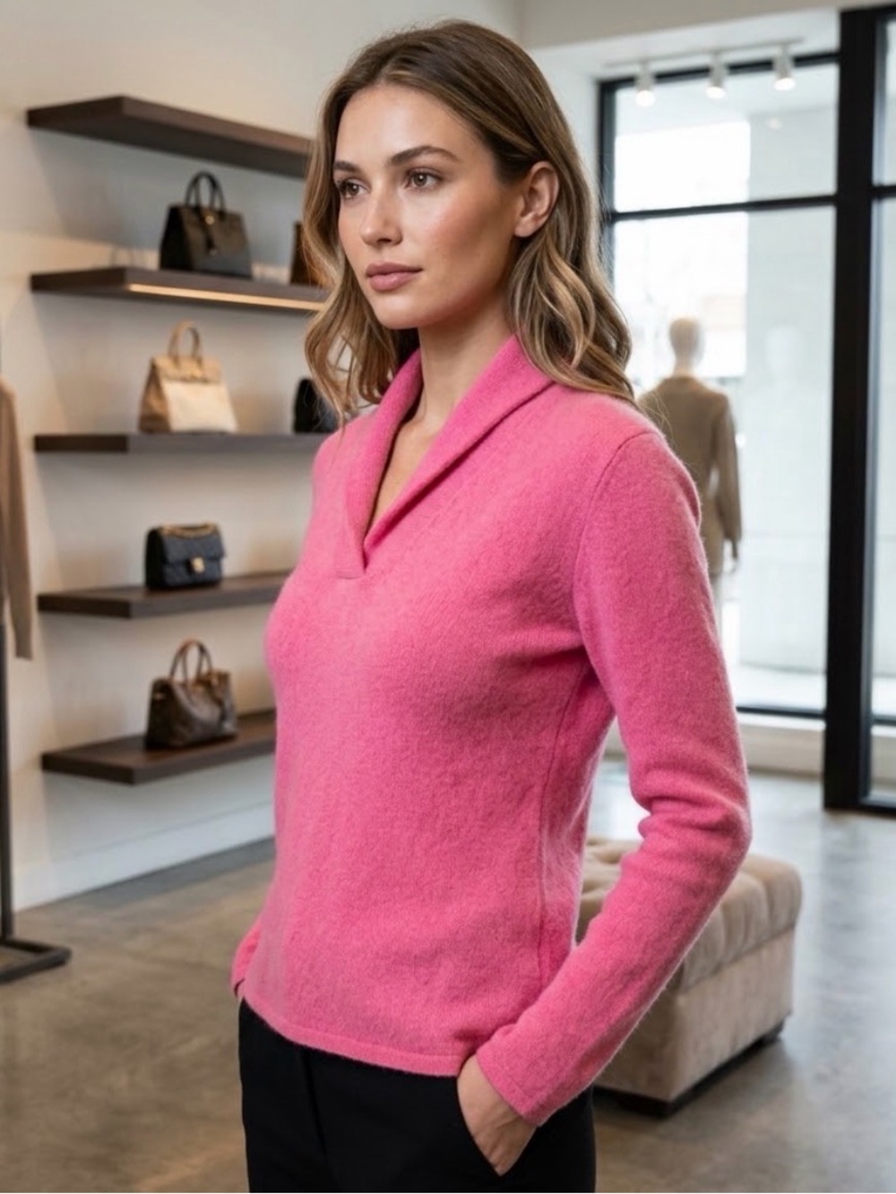 100% Cashmere Neiman Marcus Pink Shawl Collar Sweater EUC